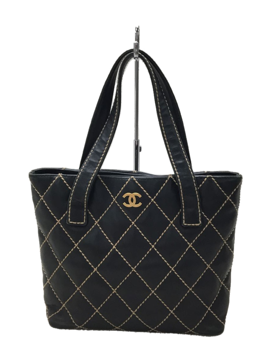 CHANEL◇ワイルドステッチ/ココマーク/トートバッグ/レザー/ブラック