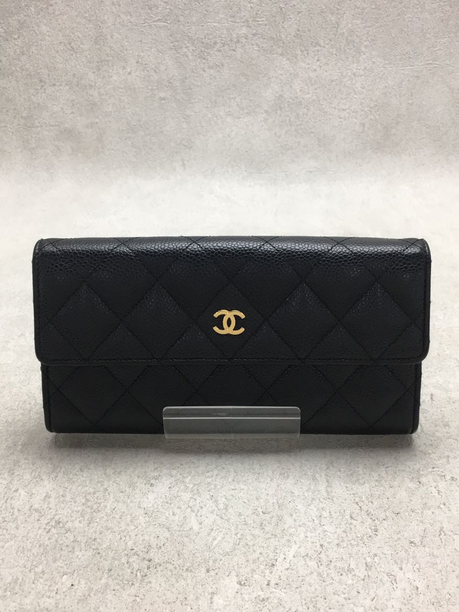 CHANEL◇長サイフ_フラップ_マトラッセ_ココマーク_ラムスキン/羊革