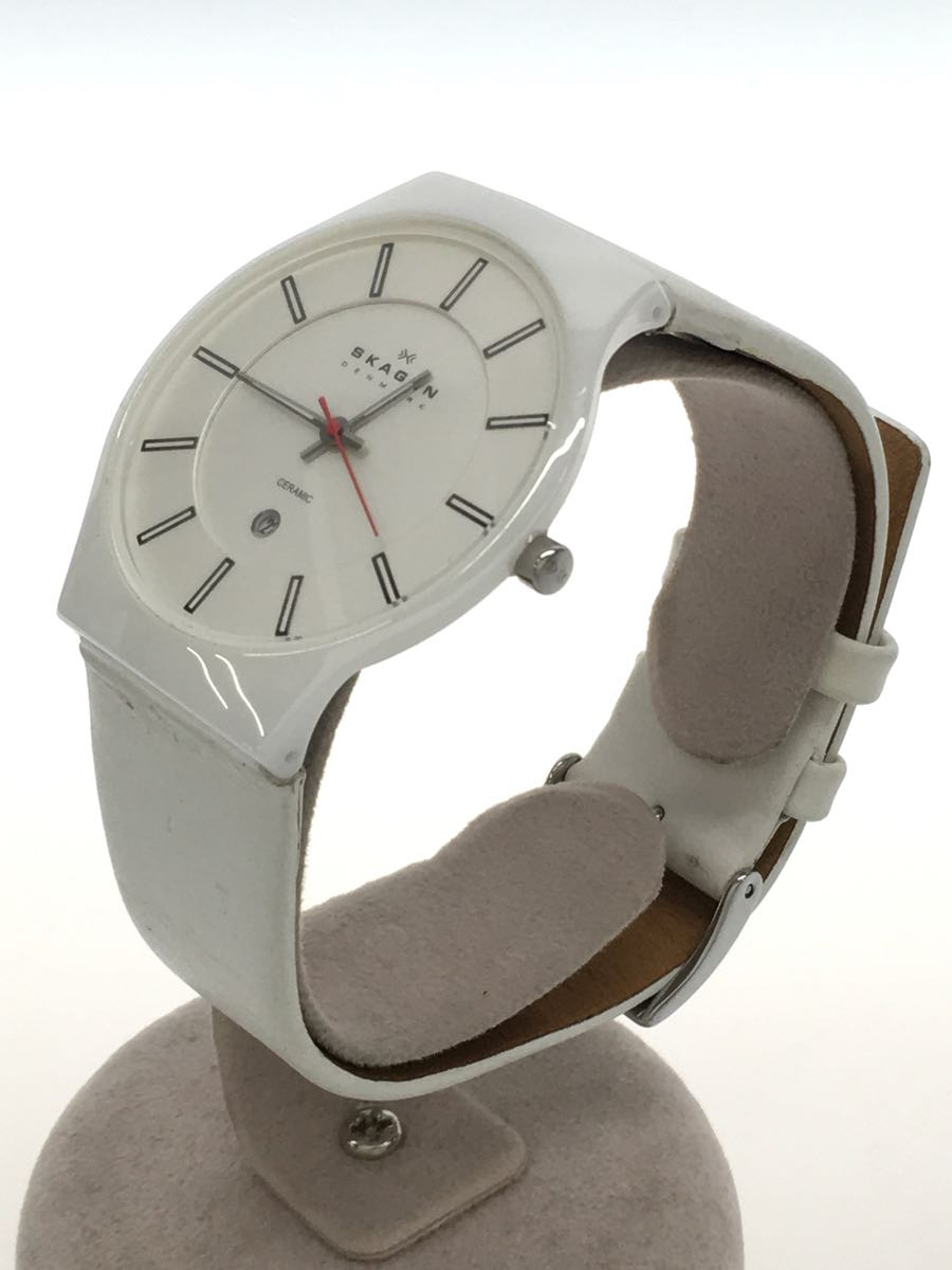 SKAGEN◆233XLCLW/クォーツ腕時計/アナログ/レザー/WHT/WHT_画像2