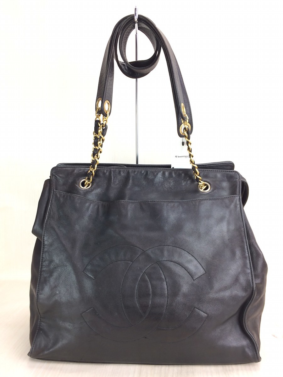 CHANEL◇デカココ/ショルダーバッグ/レザー/BLK/チェーンバッグ/黒