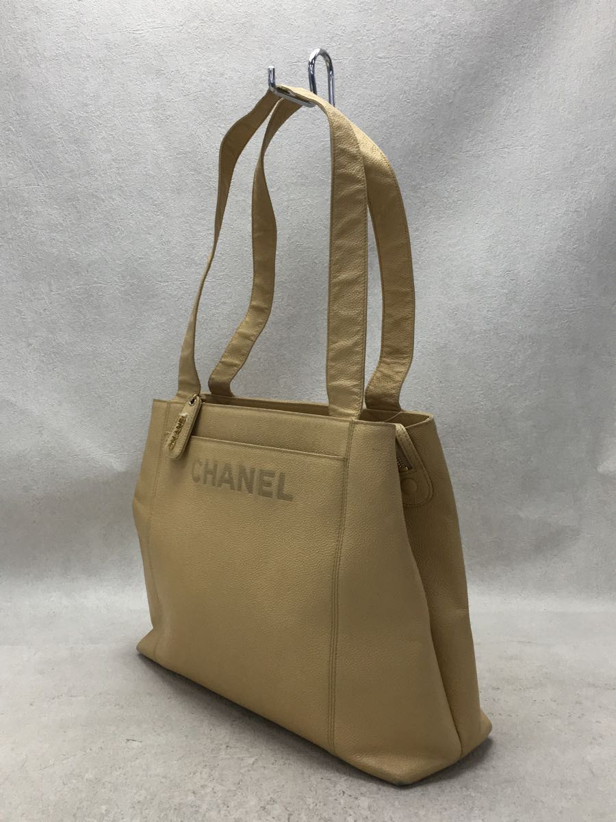 CHANEL◆トートバッグ/レザー/BEG/無地/キャビアスキン/角擦れ有り_画像2