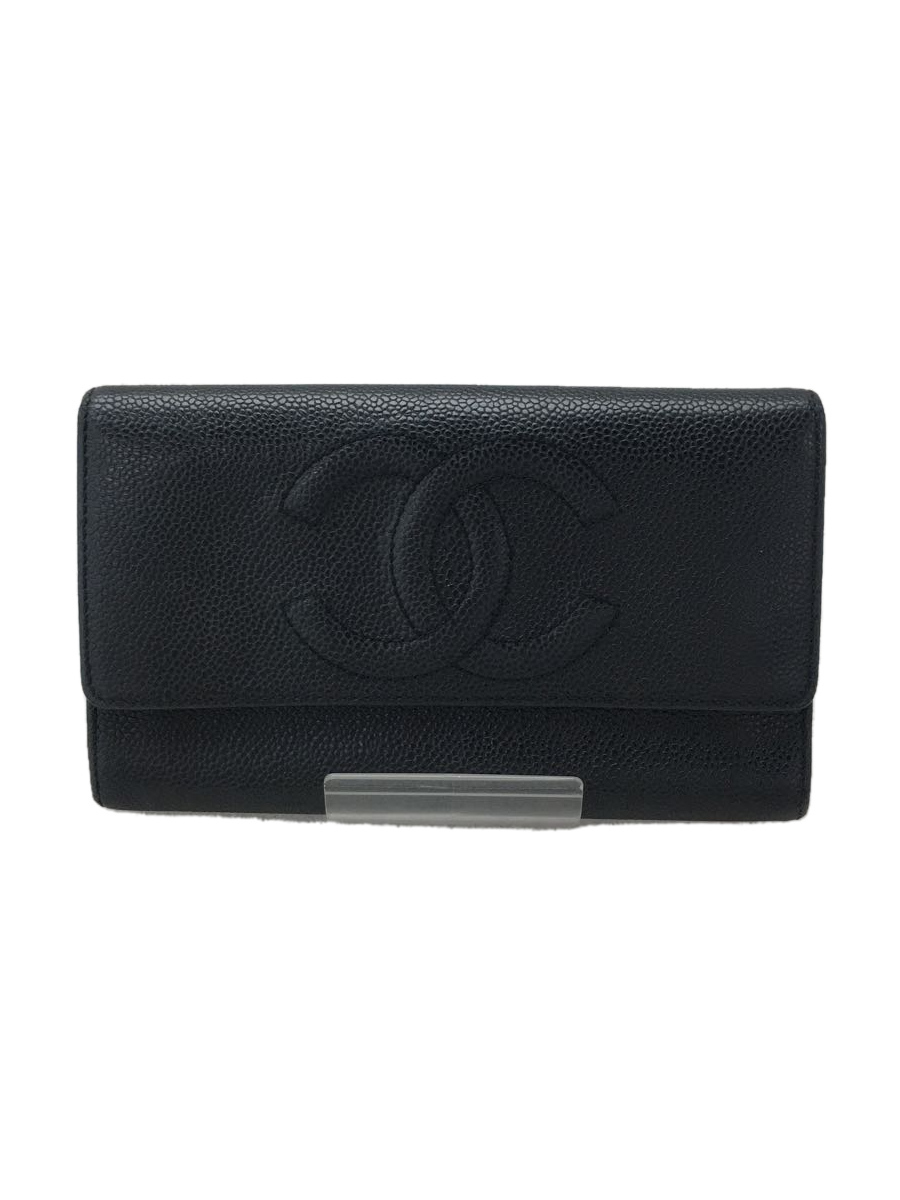 正規品! CHANEL◇2つ折り財布/キャビア/長財布/BLK/レディース その他