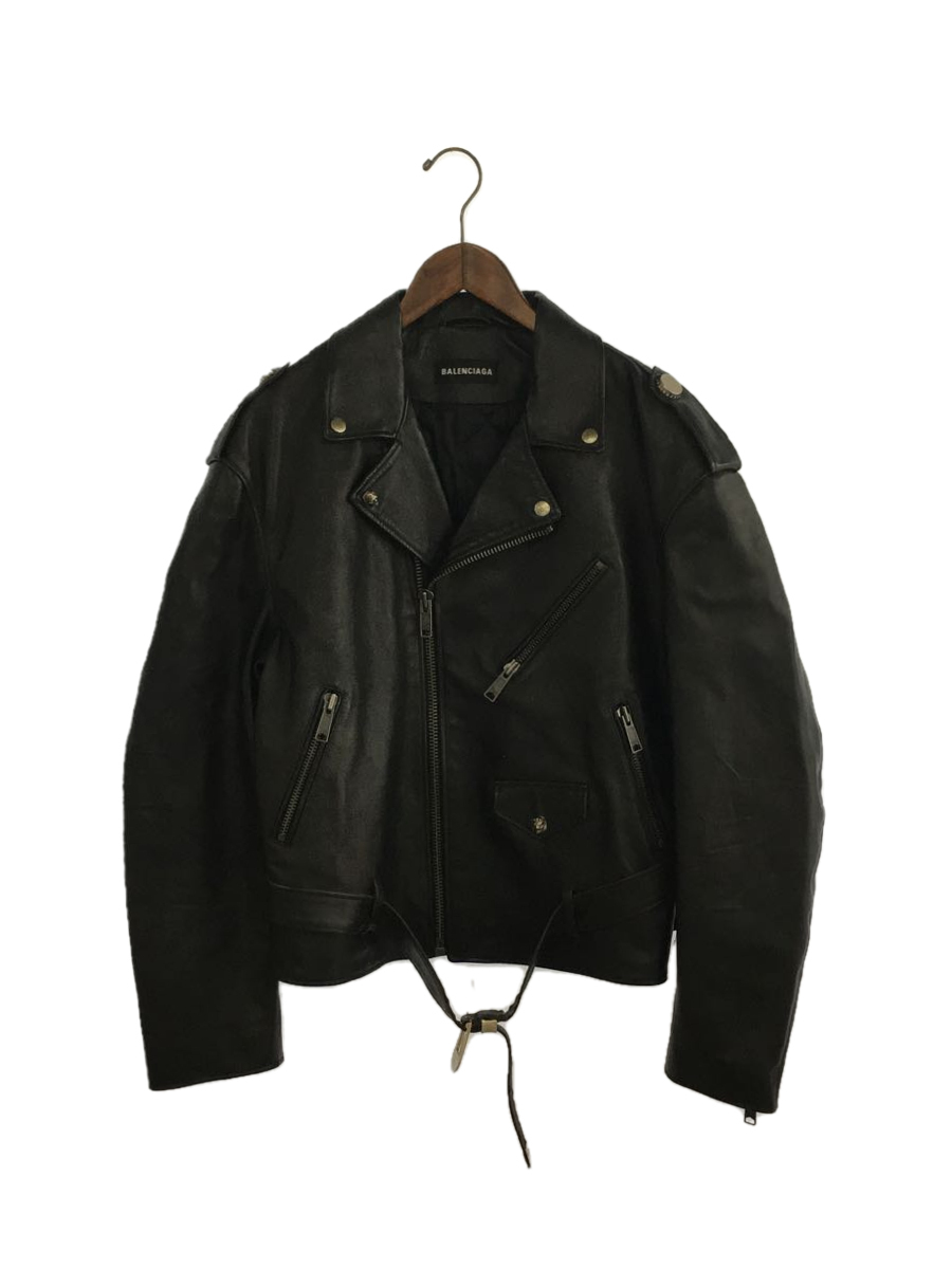 BALENCIAGA◇ダブルライダースジャケット/46/レザー/BLK/無地