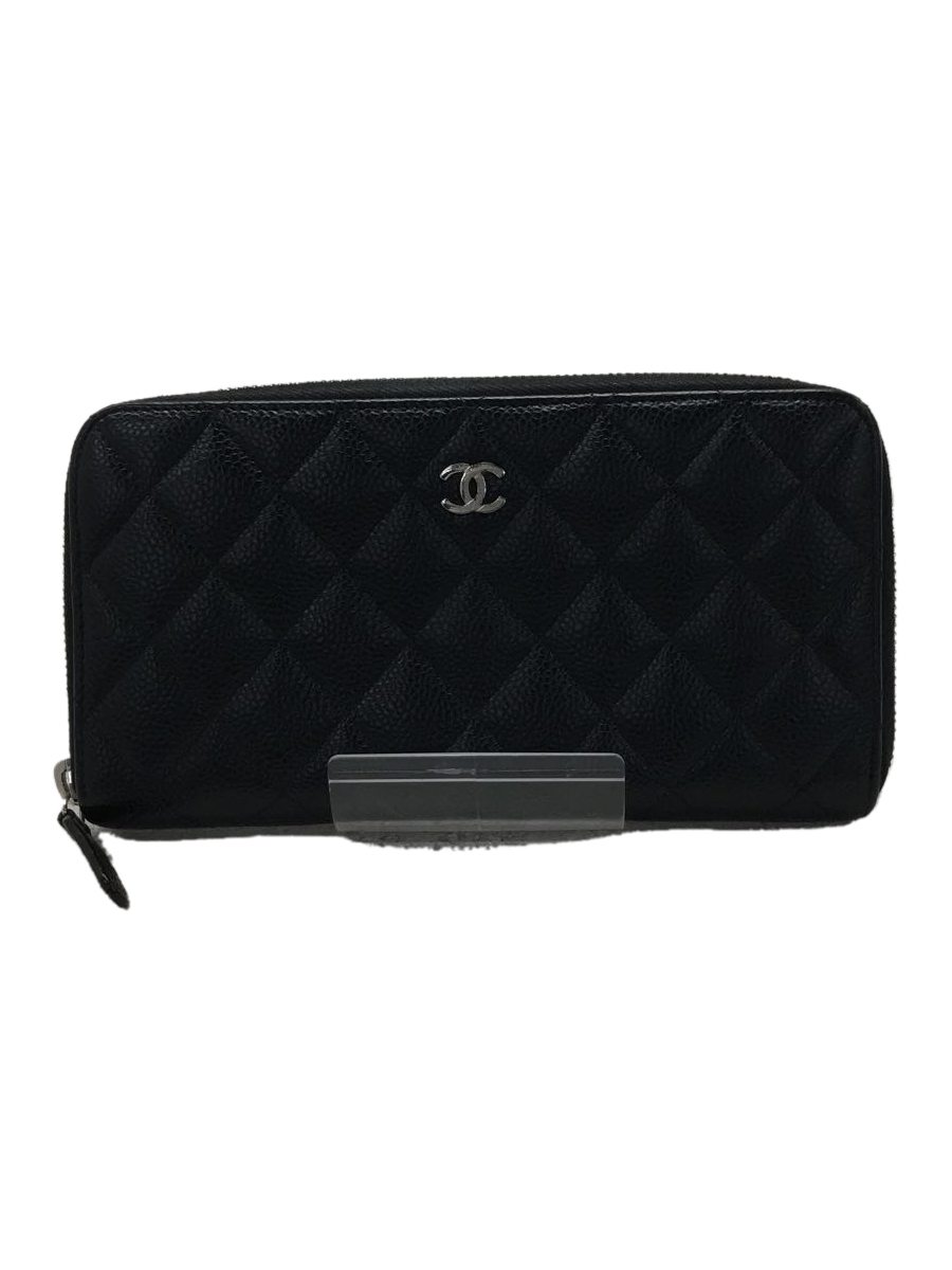 CHANEL◆長財布/レザー/BLK/無地/レディース_画像1