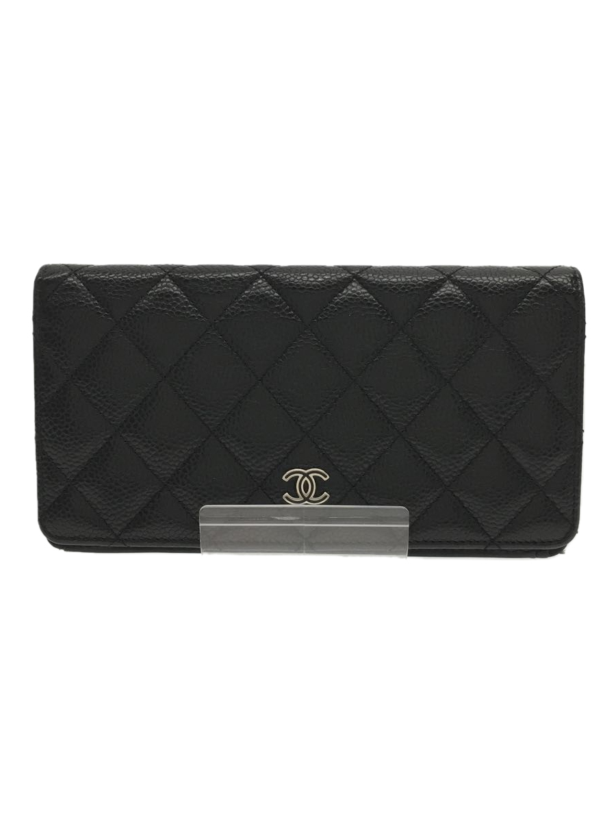 CHANEL◇キャビアスキン/マトラッセ/ギャラ付/長財布/レザー/ブラック