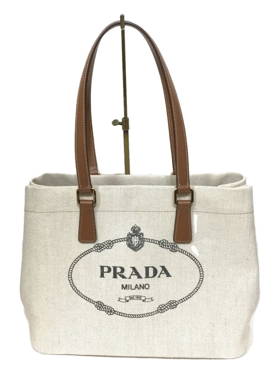 最高級 PRADA◇トートバッグ/キャンバス/WHT その他