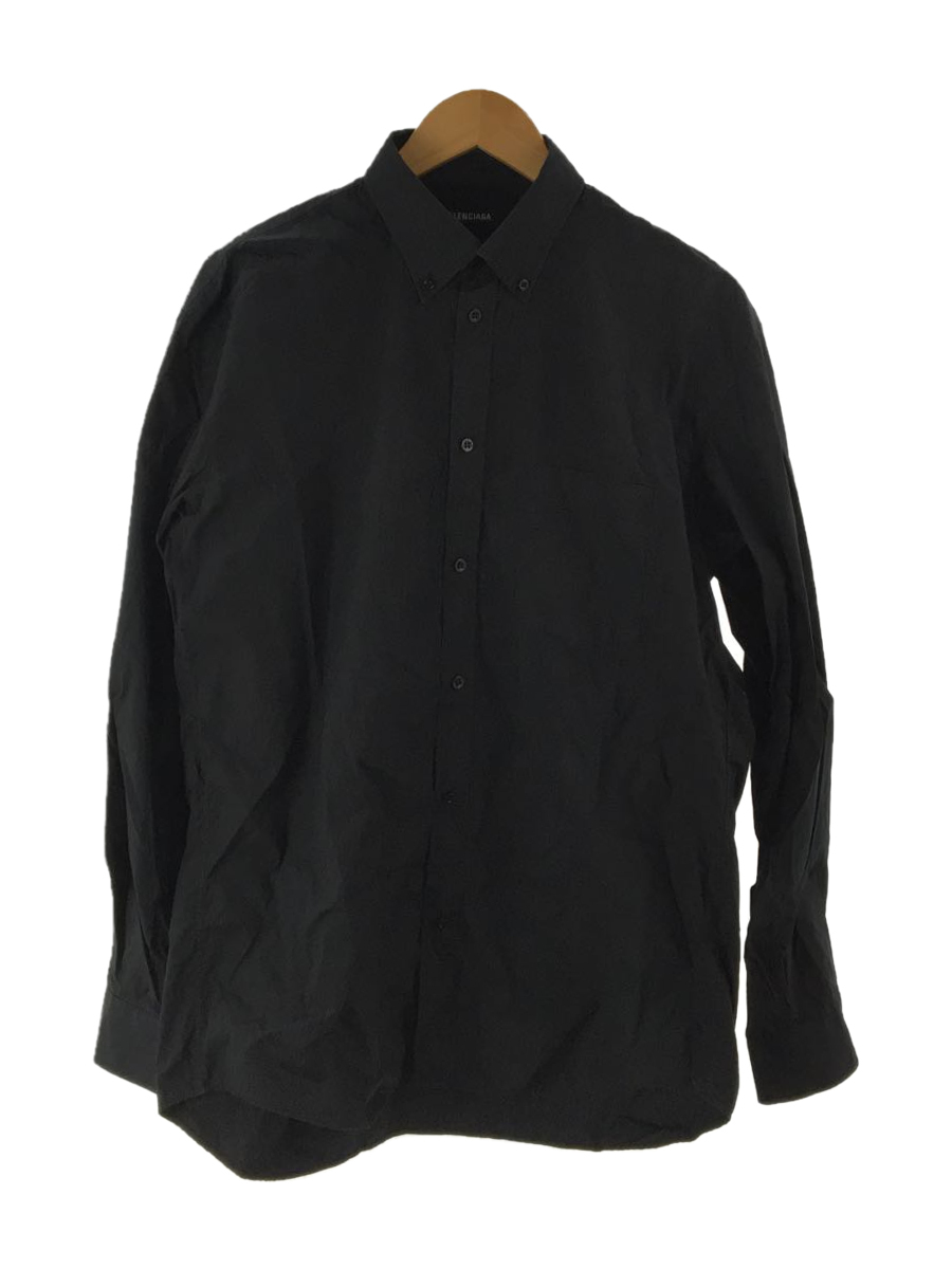 BALENCIAGA◆19AW/Long Sleeve Shirt/シャツ/38/コットン/BLK/無地/黒/ロゴ_画像1