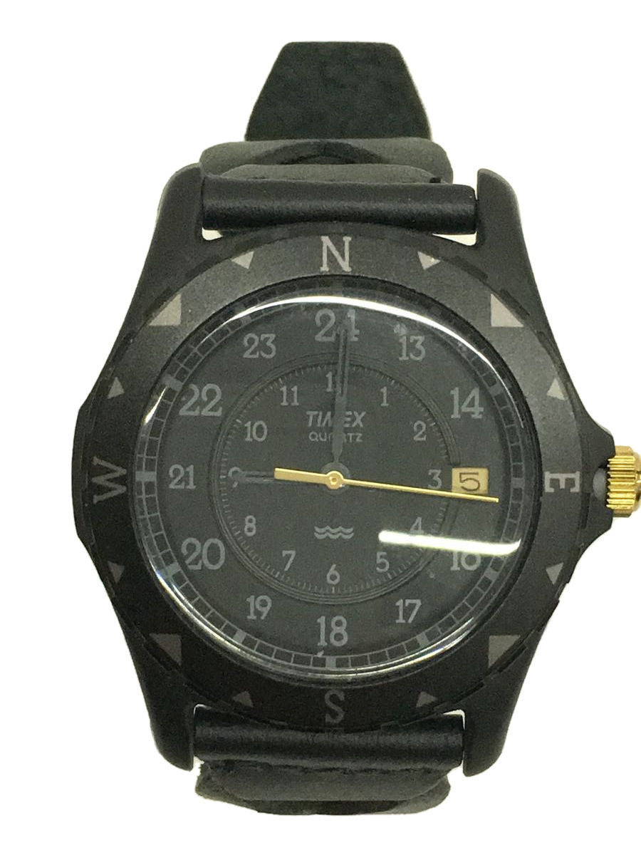 TIMEX◆クォーツ腕時計/デジアナ/レザー/ブラック/黒