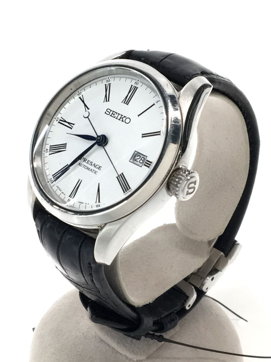 SEIKO◇自動巻腕時計/アナログ/レザー/WHT/BLK/6R15-03V0/プレサージュ