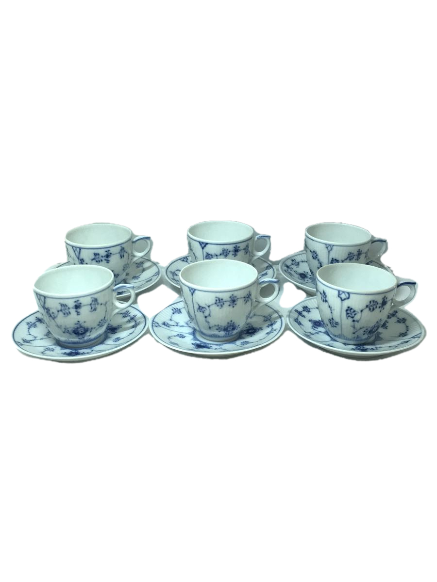 ROYAL COPENHAGEN◆カップ&ソーサー/6点セット/ブルー/ブルーフルーテッド/青磁/総柄/レース・ブレイン_画像1