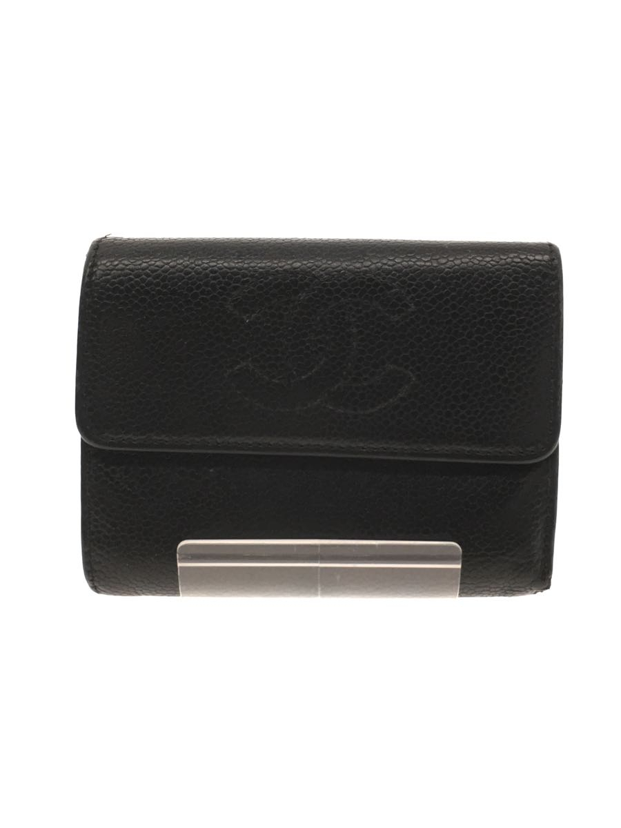 CHANEL◇3つ折り財布/レザー/BLK/無地/レディース-