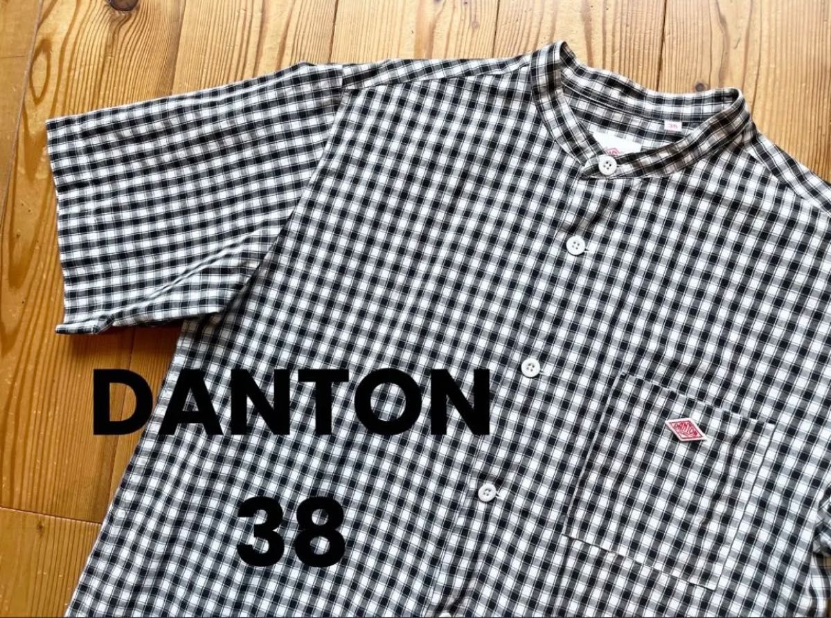 DANTON  バンドカラー チェック柄 コットンリネン半袖シャツ 38 黒 ブラック ノーカラー メンズ レディース