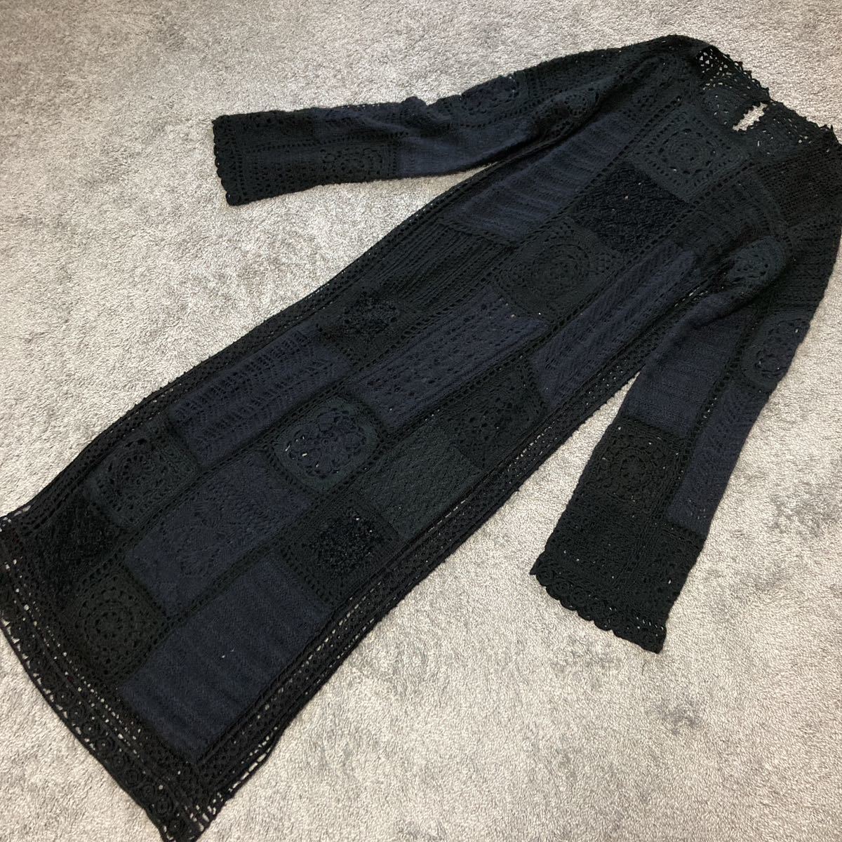高級ブランドサンプル品♪かぎ針レース編みロングニットワンピース黒M