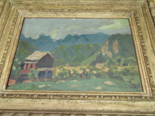 # rare 1950 year work ( Showa era 25 year autumn ) genuine writing brush #.... painter rock .. one .[ landscape painting ] oil painting * board (M4 number ) amount size :41cmx50cm,. size :24cmx32.5cm