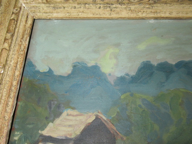# rare 1950 year work ( Showa era 25 year autumn ) genuine writing brush #.... painter rock .. one .[ landscape painting ] oil painting * board (M4 number ) amount size :41cmx50cm,. size :24cmx32.5cm