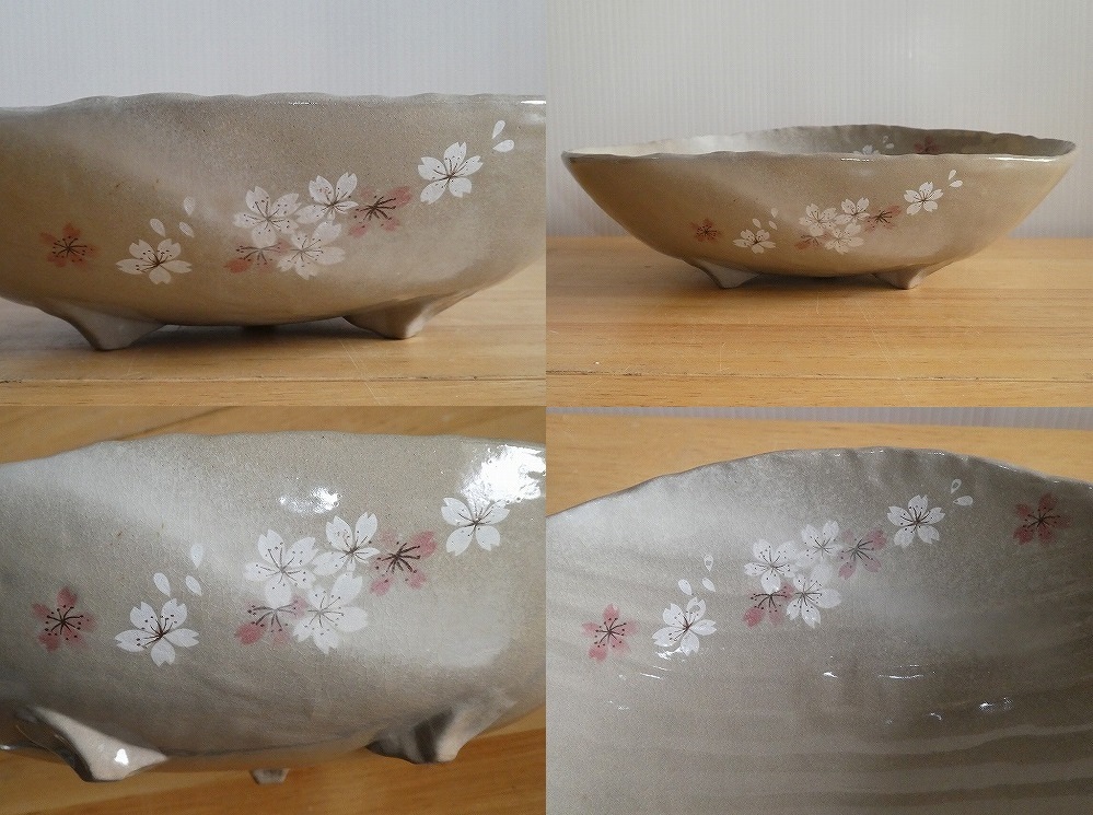 ●桜絵 盛鉢 三つ足 大鉢 楕円 変形盛鉢 深鉢 約30㎝×20㎝×8.5㎝ 和皿 和食器 割烹 日本料理●の画像9