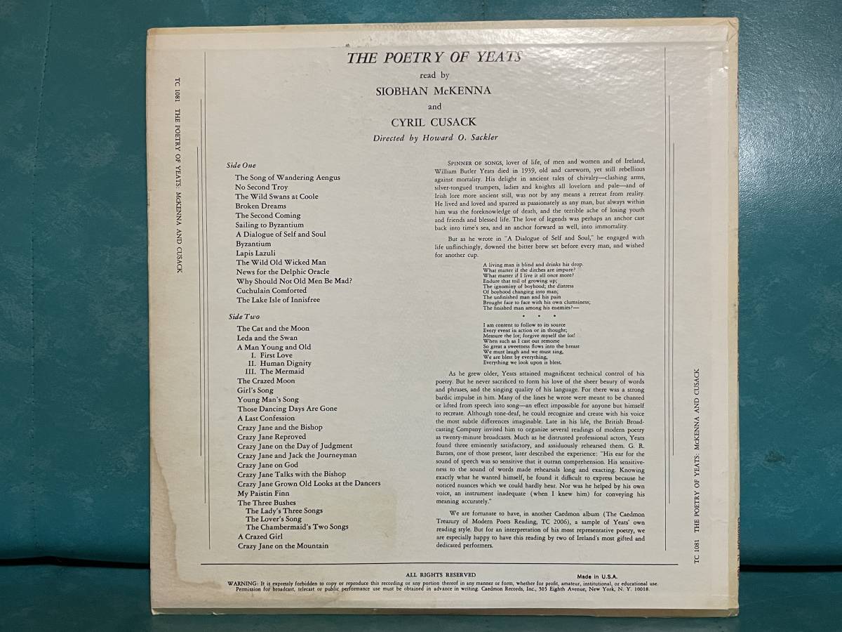 US盤 ポエトリー LP 3枚 WILLIAM BUTLER YEATS ウィリアム・バトラー・イェイツ SPOKEN ARTS ショブハン・マッケンナ レノックスロビンソン_画像9