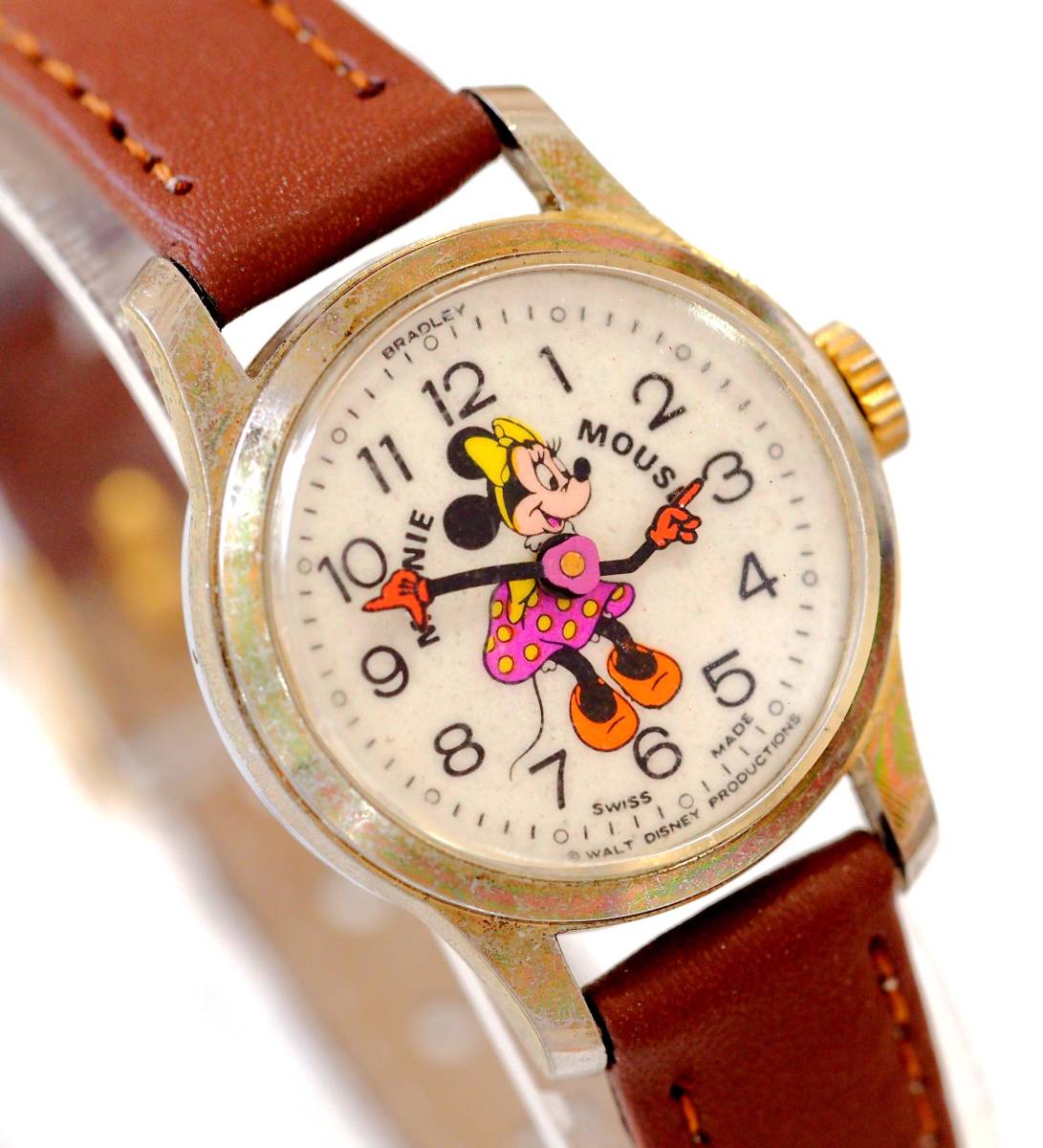 整備済 稼働 ミニーマウス 機械式手巻き 腕時計 1970年代 新品ベルト レディース ディズニー BRADLEY ブラッドレイ ミッキーマウスの恋人_画像2