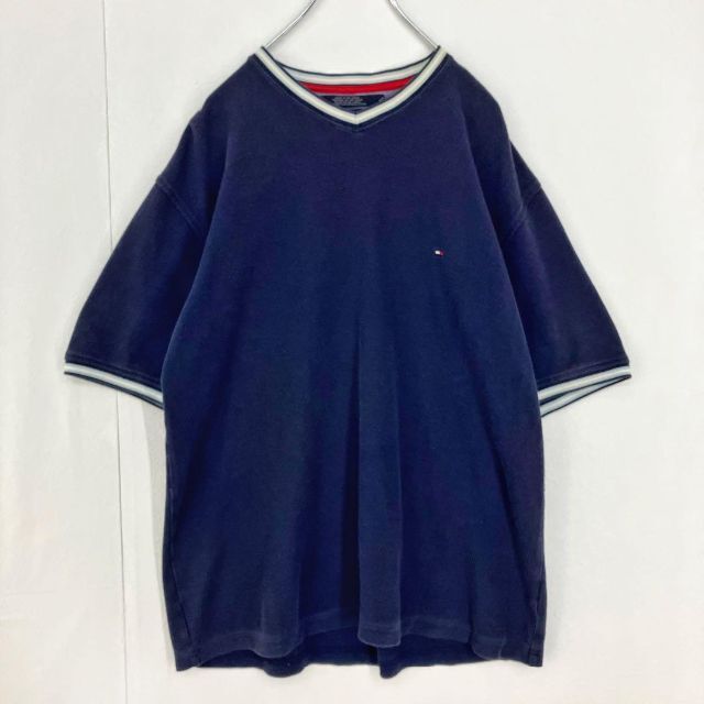 【大人気】トミーヒルフィガー ロゴ刺繍 リンガー Vネック 半袖Tシャツ 紺 メンズ　Ｌサイズ　TOMMY HILFIGER