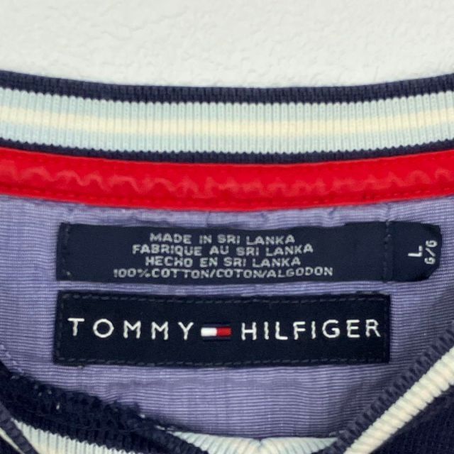 【大人気】トミーヒルフィガー ロゴ刺繍 リンガー Vネック 半袖Tシャツ 紺 メンズ　Ｌサイズ　TOMMY HILFIGER