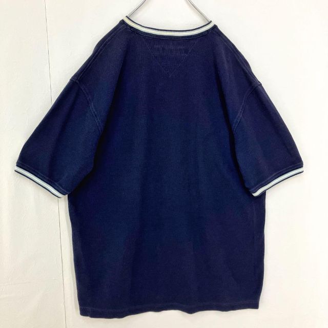 【大人気】トミーヒルフィガー ロゴ刺繍 リンガー Vネック 半袖Tシャツ 紺 メンズ　Ｌサイズ　TOMMY HILFIGER