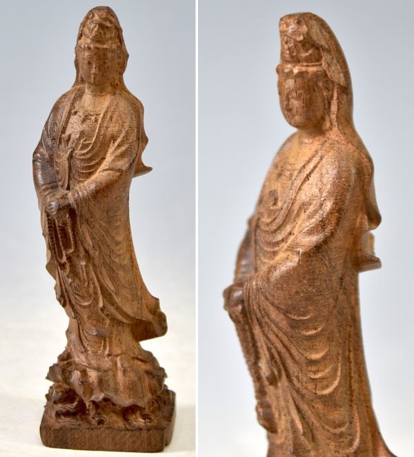 【彫刻】「木彫　観音像」 仏像 仏教美術 立像 木製 中国美術 唐物 高14.6cm y92269638_画像1