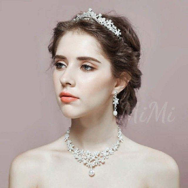  pearl earrings / earrings * Tiara * necklace 3 point set wedding wedding wedding accessory silver flower 