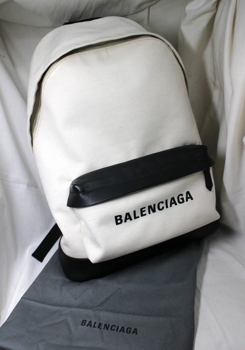 【BALENCIAGA】バレンシアガ　コットンキャンバス バックパック 392007　キャンバス×レザー　ホワイト×ブラック　リュック　20230925