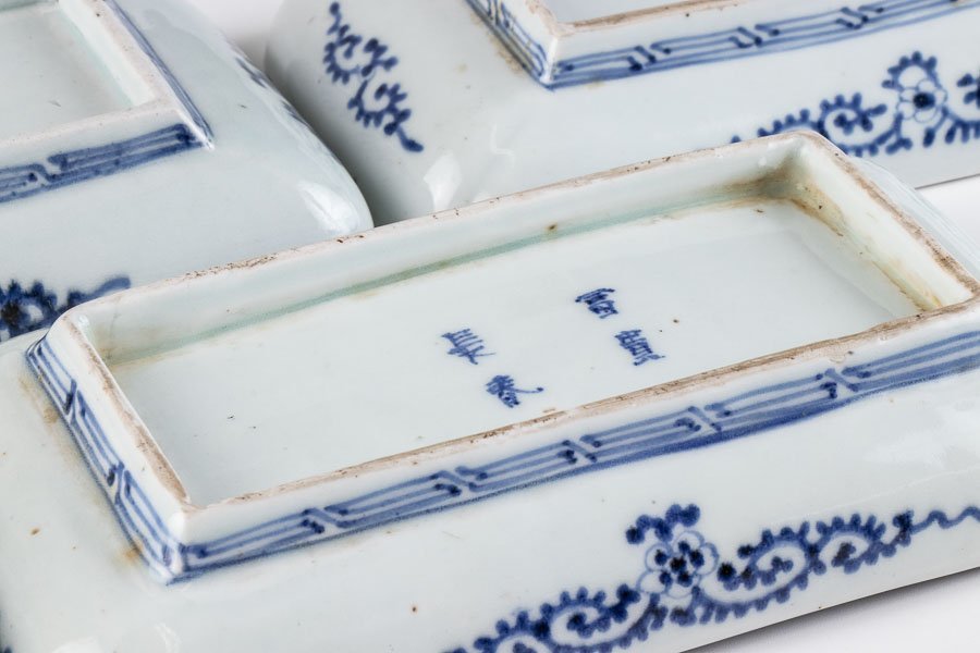 古伊万里】『 染付蛸唐草牡丹文長皿 5客 江戸後期 15591 』 料亭 古伊万里】『 染付蛸唐草牡丹文長皿 5客 江戸後期 15591 』 料亭