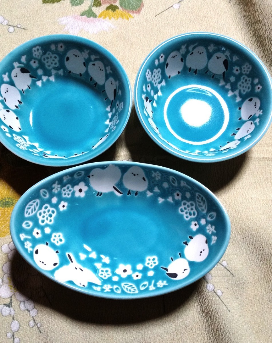 新品 シマエナガ セリア 食器セット 小鉢 キッチン ブルー 青い皿 陶器