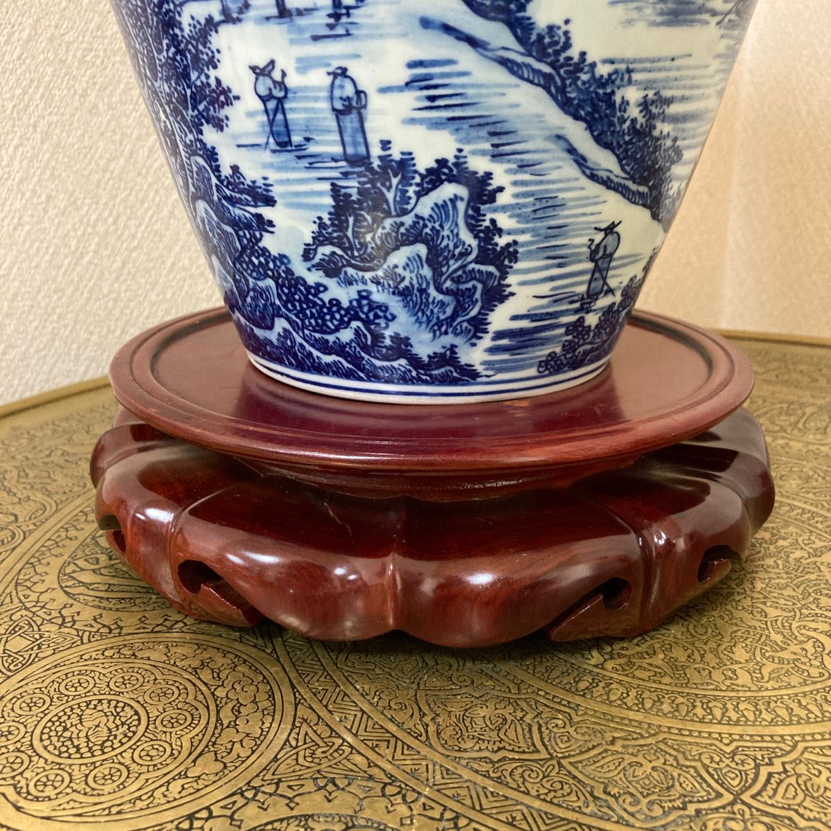 大型 大清康熙年製銘 山水図 大壺 花瓶 高さ40センチ 中国美術 古玩