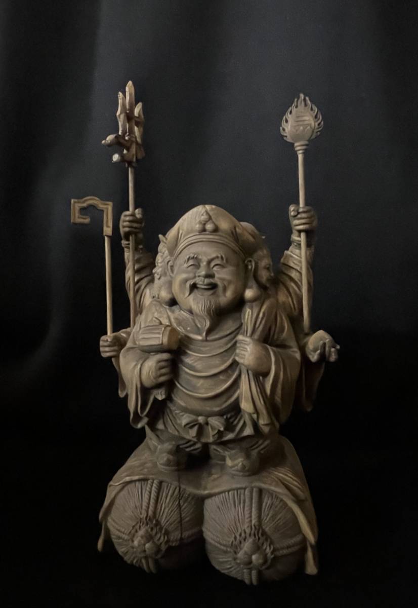 時代彫刻 仏教工芸品 一刀彫 総檜材 木彫仏像 三面大黒天立像
