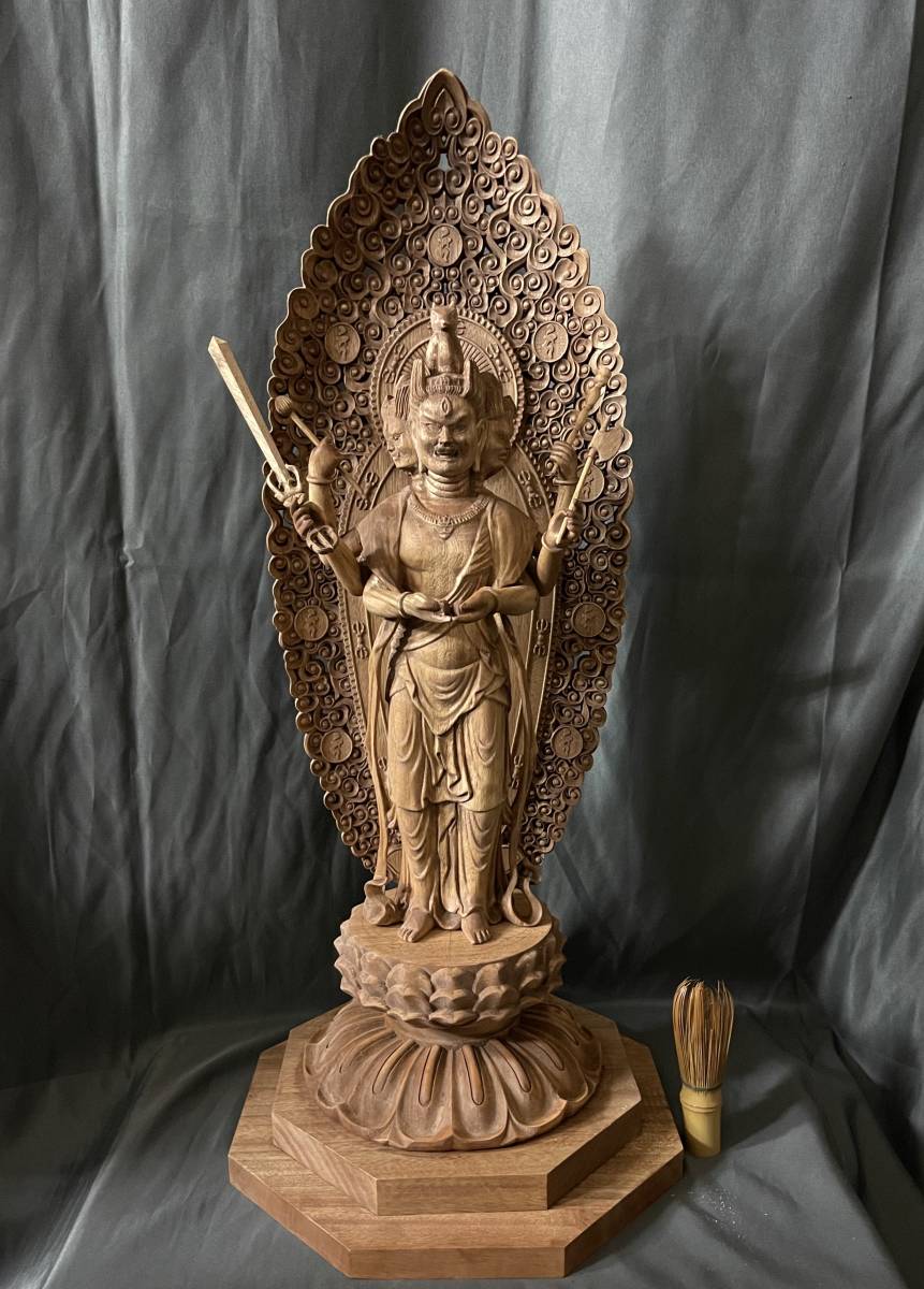 大型高62cm 井波彫刻 仏教工芸品 総楠製 極上彫 木彫仏像 馬頭観音菩薩