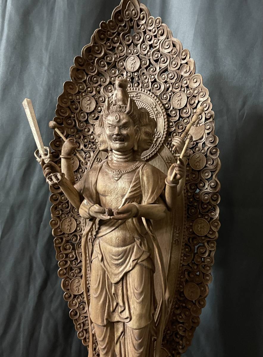 大型高62cm 井波彫刻 仏教工芸品 総楠製 極上彫 木彫仏像 馬頭観音菩薩