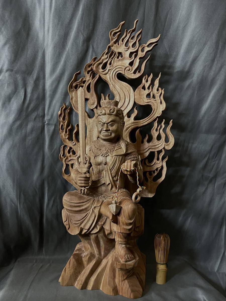 大型58cm 仏教工芸品 総楠製 井波彫刻 極上彫 木彫仏像 不動明王座像