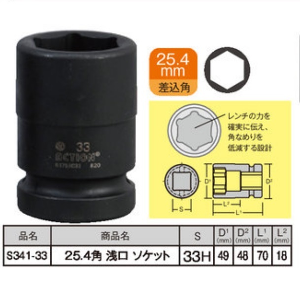 浅口ソケット 25.4角 33HEX 33mm 1個 工具 ホイールナット ソケット トラック バス TIPTOP チップトップ プロ用 業務用 S341-33の画像1