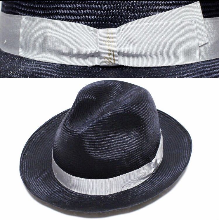 ボルサリーノ Borsalino イタリア製 パラシゾール ミドルブリム ストローハット／パナマハット ネイビー×グレーリボン_画像1