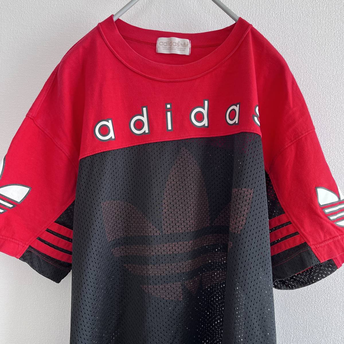 90s デサント製 adidas アディダス Tシャツ 赤×黒 L_画像1
