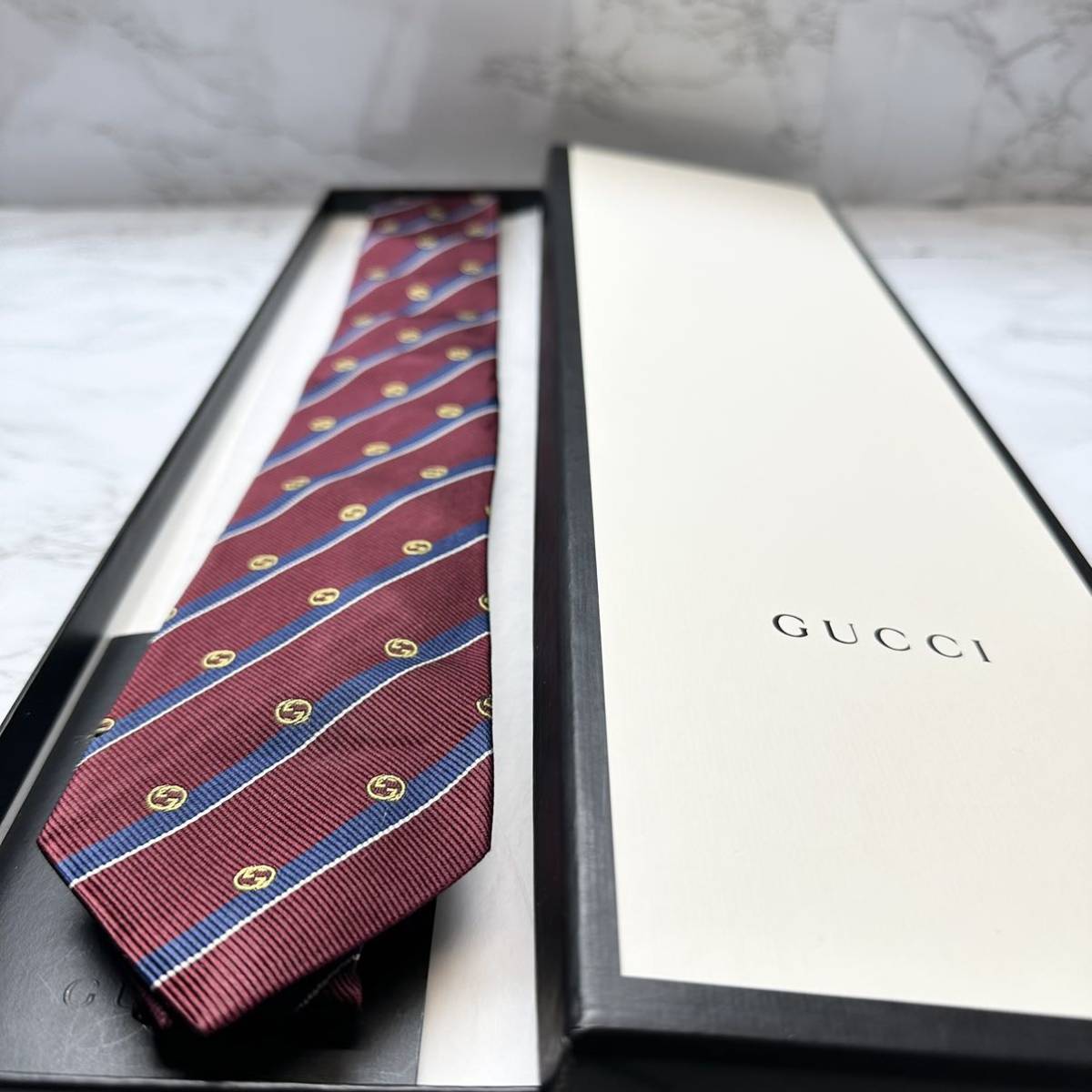 単品購入 極美品 現行モデル レア GUCCI ネクタイ シルク100% ダブルG レジメンタル 蜂 ビー ソーホー ナロータイ ブランド ブランド別 