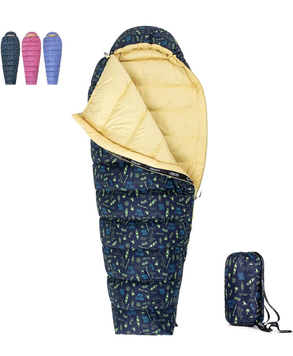QEZER 子供用寝袋 マミー型 ダウン寝袋 キッズ 600FP高級羽毛充填 快適温度-1℃~15℃ コンパクト 超軽量
