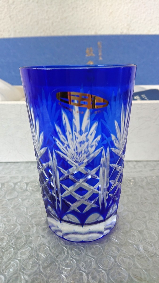 新品 未使用 創作ガラス 藍色切子 グラス 5点セット コップSONE KOGEI 曽根工芸_画像1