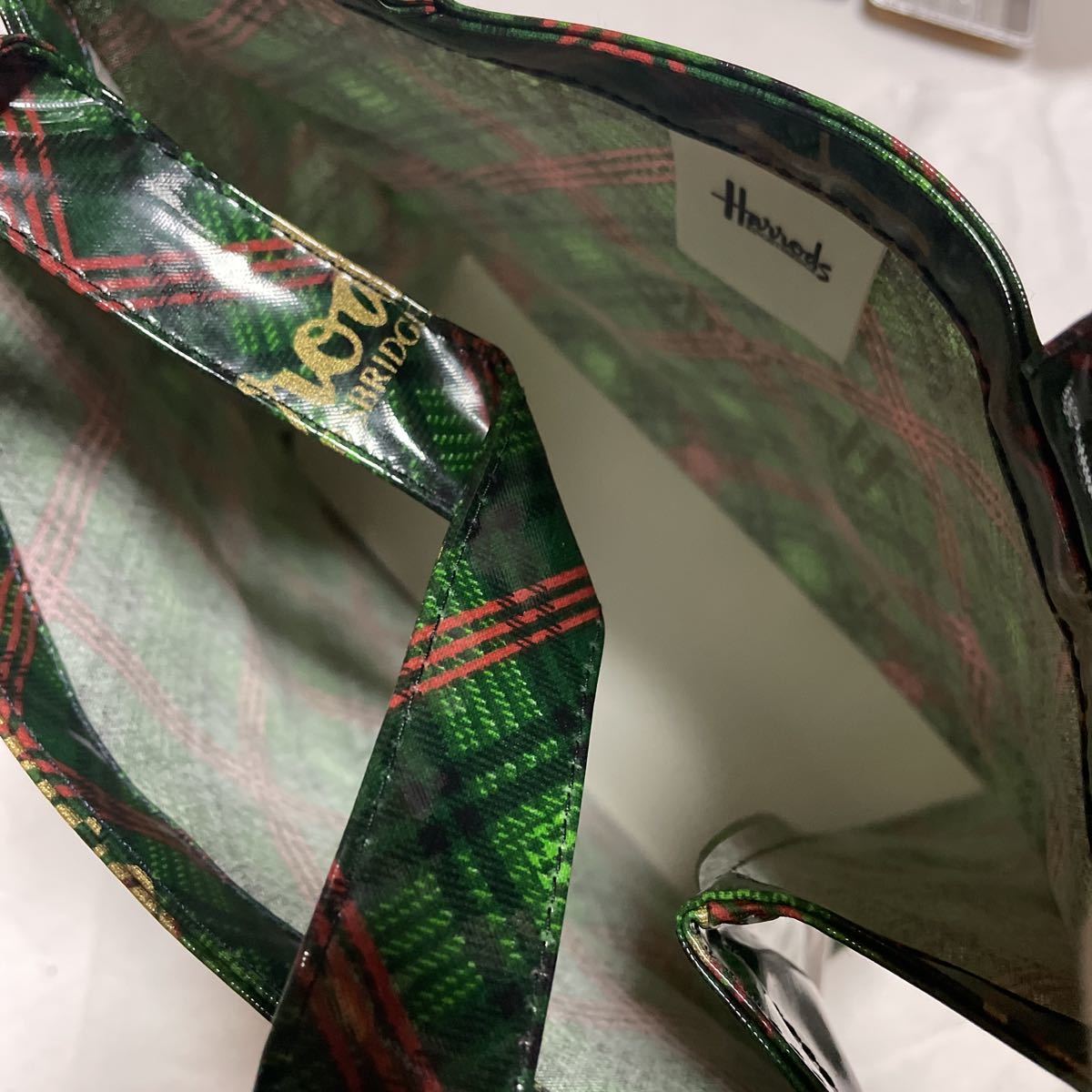 完璧 ☆トートバッグ 折りたたみバッグ 緑×白×赤チェック柄 取手２種