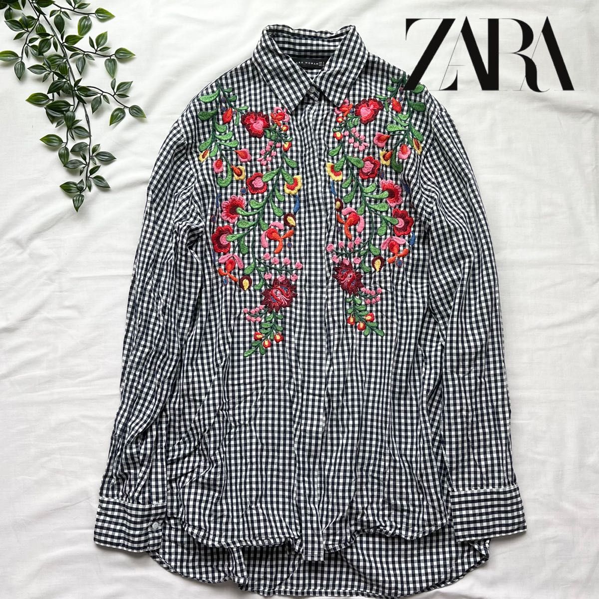 ZARA ザラ 花柄刺繍 ギンガムチェックシャツ トップス チュニック 長袖シャツ チェック柄