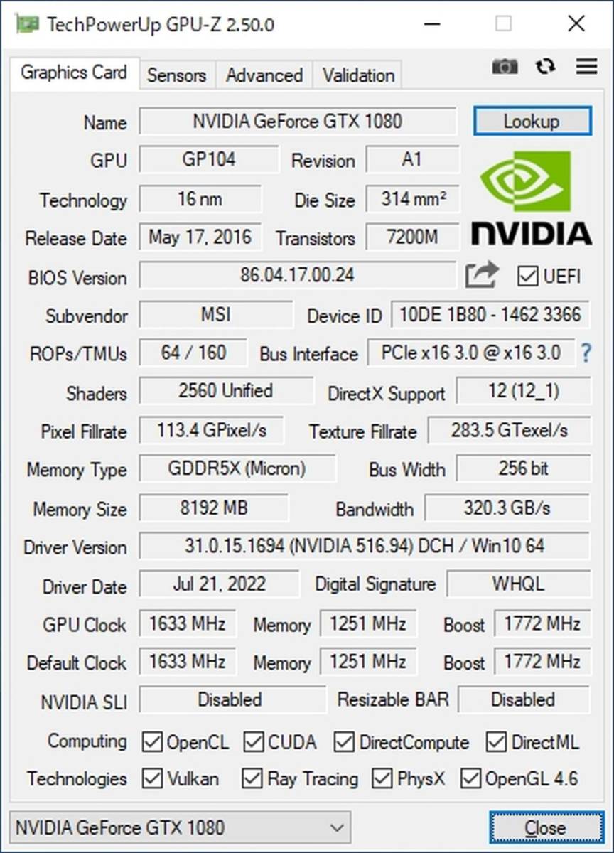 MSI GeForce GTX 1080 AERO 8G OC /GeForce GTX 1080 8GB GDDR5X 256bit DVI/HDMI/DPx3_画像7