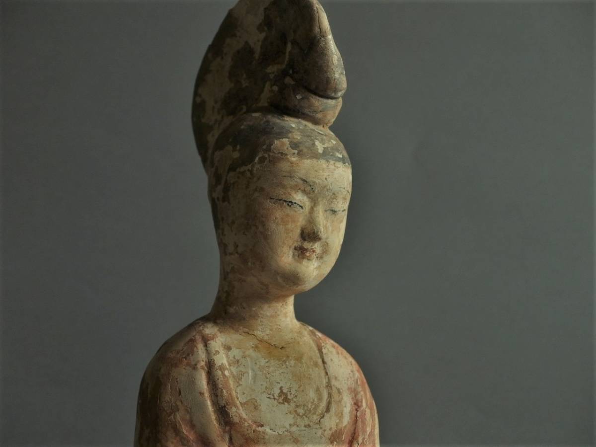 ◎野遊6 優雅の極!耽思する加彩女子俑中国唐時代陶俑唐三彩仏教美術