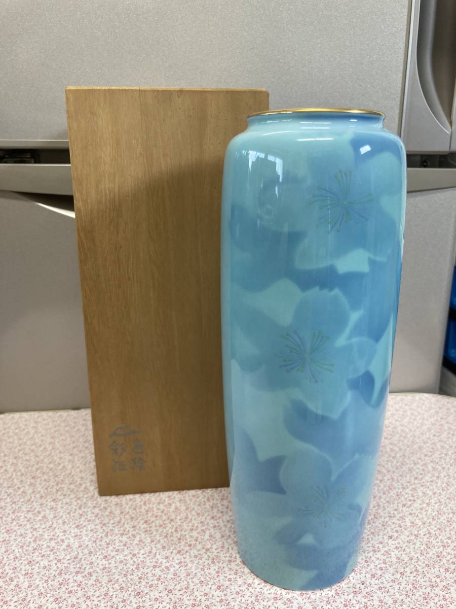 正規店仕入れの 深川製磁 花瓶 色絵彩磁 ブルーフラワー