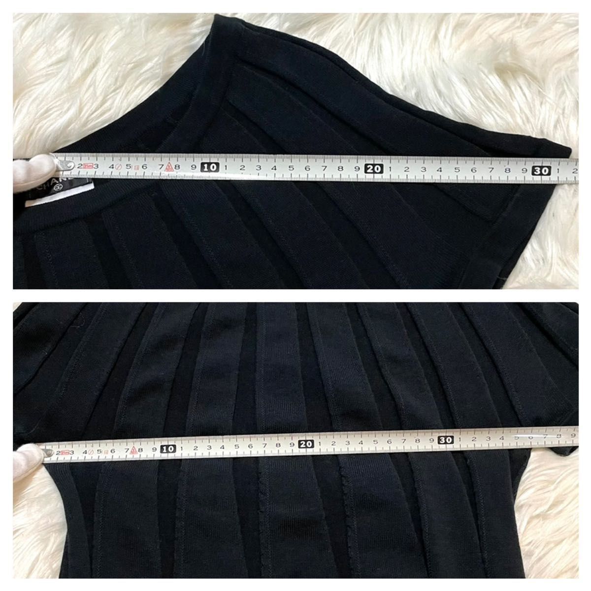 本物 ランウェイ シャネル 背面COCO装飾 半袖 カッティング リブニット セーター 黒 34 CHANEL