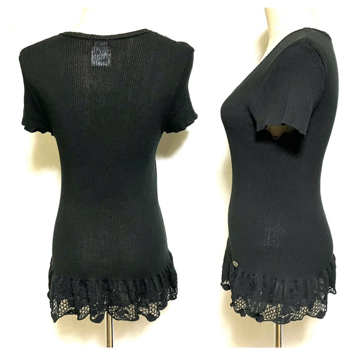 本物 美品 シャネル COCO装飾 裾レース フリル 半袖 リブニット 黒 42 ...