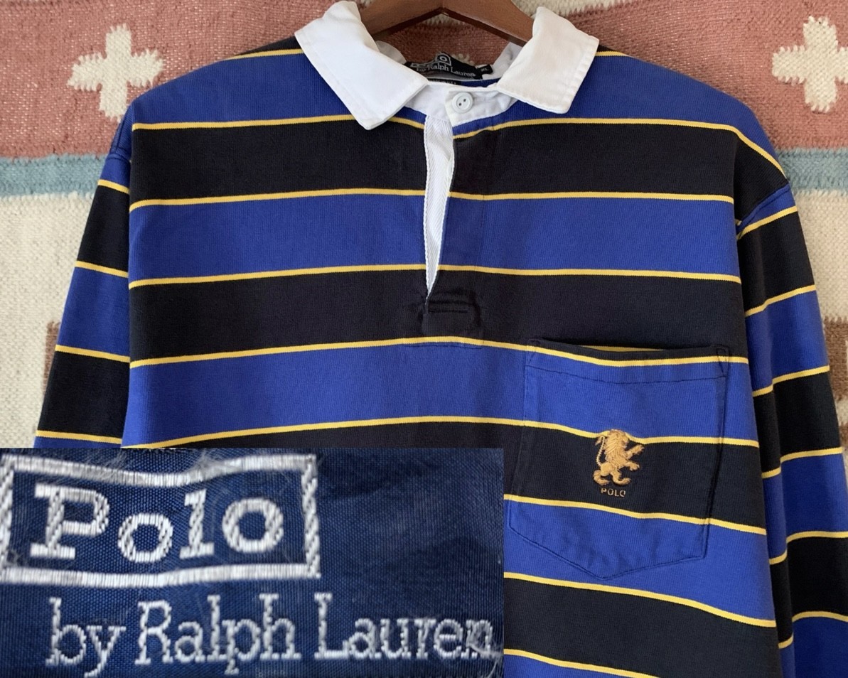 80s USA製 POLO Ralph Lauren ビンテージ ポロ ラルフローレン ラグビー ラガー シャツ ライオン 刺繍 US- XL サイズ ボーダー 黒 青 黄 //