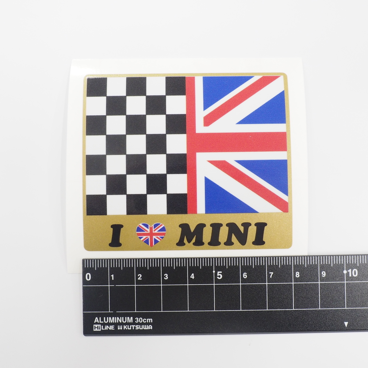 （ゴールド）ミニクーパ― ユニオンジャック チェッカー ステッカー 8cm 1枚 国旗 イギリス mini ドレスアップ かわいい I LOVE MINI_画像3